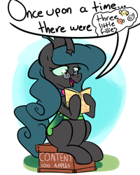 Size: 1200x1500 | Tagged: safe, artist:rustydooks, character:queen chrysalis, apple, book, crate, dialogue, female, glasses, open mouth, reading, reversalis, sitting, smiling, solo, storytelling
