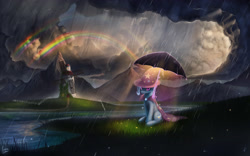 Size: 4000x2500 | Tagged: safe, artist:rain-gear, character:trixie, species:pony, species:unicorn, cape, clothing, cloud, cloudy, double rainbow, female, fence, grass, hat, magic, mare, mountain, rain, rainbow, river, scenery, scenery porn, solo, storm, sunshine, trixie's cape, trixie's hat, umbrella, windmill