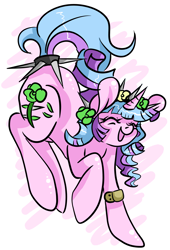 Size: 2308x3401 | Tagged: safe, artist:sk-ree, oc, oc only, oc:ivy lush, species:pony, species:unicorn, eyes closed, flower, flower in hair, happy, jumping, leg strap, open mouth, smiling, solo, spikes, tail ring