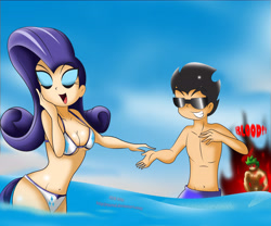 Size: 7087x5906 | Tagged: safe, artist:ryured, character:rarity, character:spike, oc, species:human, absurd resolution, angry, bare chest, beefspike, bikini, breasts, busty rarity, canon x oc, clothing, exploitable meme, female, human spike, humanized, jealous, meme, muscles, swimsuit, tailed humanization, topless, waifu thief