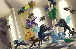 Size: 3900x2550 | Tagged: safe, artist:mistermech, oc, oc:skyfall, species:changeling, canterlot invasion, cocoon, fight, lamp, royal guard, stapler