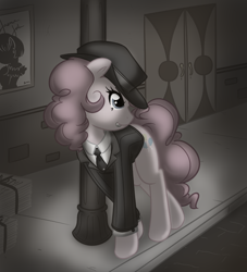 Size: 900x990 | Tagged: safe, artist:bamboodog, character:pinkie pie, species:earth pony, species:pony, g4, clothing, female, leaning, mare, noir, solo, streetlight, suit