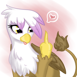 Size: 800x800 | Tagged: safe, artist:bamboodog, character:gilda, species:griffon, cute, female, heart, middle finger, playful, solo, tongue out, vulgar