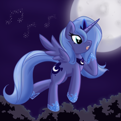 Size: 900x900 | Tagged: safe, artist:bamboodog, character:princess luna, species:alicorn, species:pony, g4, female, flying, mare, moon, music notes, night, s1 luna, singing, solo
