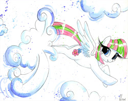 Size: 1191x938 | Tagged: safe, artist:prettypinkpony, character:blossomforth, cloud, cloud busting, cloudy, female, solo, traditional art