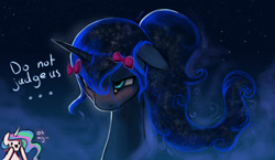 Size: 892x517 | Tagged: safe, artist:rain-gear, character:princess celestia, character:princess luna, species:alicorn, species:pony, lunadoodle, alternate hairstyle, blushing, bust, cute, duo, embarrassed, female, floppy ears, hair bow, lunabetes, mare, ponytail, portrait