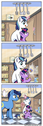 Size: 1000x2927 | Tagged: safe, artist:muffinshire, character:night light, character:shining armor, character:twilight sparkle, species:pony, comic:twilight's first day, episode:slice of life, g4, my little pony: friendship is magic, :t, caught, colt, cookie, cookie jar, cropped, cute, eating, filly, frown, glare, imminent grounding, kitchen, licking lips, lockpicking, magic, male, muffinshire is trying to murder us, nom, nose wrinkle, open mouth, puffy cheeks, raised hoof, smiling, telekinesis, this will end in grounding, tongue out, twilight stealing a cookie, vegetables, wide eyes
