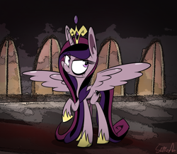 Size: 1500x1300 | Tagged: safe, artist:slitherpon, character:princess cadance, corrupted, dark, female, moody mark crusaders, queen cadance, raised hoof, smiling, solo, spread wings, wings