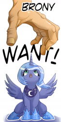 Size: 1000x1987 | Tagged: safe, artist:hattonslayden, character:princess luna, species:human, brony, bronybait, disembodied hand, filly, hand, looking up, open mouth, s1 luna, sitting, spread wings, wings, woona