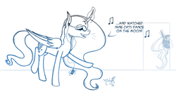 Size: 1250x703 | Tagged: safe, artist:midnightsix3, character:princess celestia, character:princess luna, lunadoodle, camera, curved horn, earbuds, ipod, magic, monochrome, music notes, porcupine tree, singing, song reference, spying, telekinesis