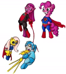 Size: 1563x1761 | Tagged: safe, artist:darkone10, character:derpy hooves, character:fluttershy, character:pinkamena diane pie, character:pinkie pie, species:pegasus, species:pony, crossover, dc comics, female, green lantern, mare, megaman, megamare, power girl, red lantern, superman