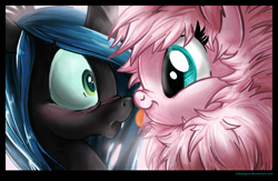 Size: 1246x814 | Tagged: safe, artist:jadedjynx, character:queen chrysalis, oc, oc:fluffle puff, ship:chrysipuff, blep, blushing, boop, canon x oc, eye contact, female, frown, lesbian, looking at each other, nose wrinkle, noseboop, shipping, smiling, tongue out, wide eyes