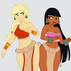 Size: 945x945 | Tagged: safe, artist:deeriojim, artist:megasweet, character:applejack, species:human, applebucking thighs, belly button, bracelet, breasts, busty applejack, butt bump, butt to butt, butt touch, chel, cleavage, crossover, female, humanized, loincloth, midriff, simple background, the road to el dorado, wide hips