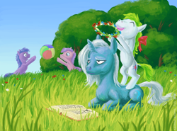 Size: 900x665 | Tagged: safe, artist:adeptus-monitus, character:trixie, oc, species:pony, species:unicorn, babysitting, ball, book, female, filly, floral head wreath, flower, game, grass, happy, smiling, unamused