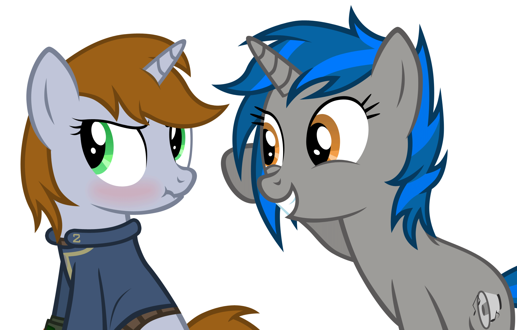 Size: 2000x1279 | Tagged: safe, artist:mrlolcats17, oc, oc only, oc:homage, oc:littlepip, species:pony, species:unicorn, fallout equestria, animated, annoyed, blushing, boop, clothing, cute, cutie mark, eye contact, fanfic, fanfic art, female, frown, gif, grin, hooves, horn, mare, nose wrinkle, oc x oc, pipbuck, scrunchy face, shipping, simple background, smiling, squee, teeth, vault suit, white background