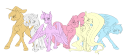 Size: 2785x1253 | Tagged: safe, artist:zedrin, character:applejack, character:fluttershy, character:pinkie pie, character:rainbow dash, character:rarity, character:twilight sparkle, character:twilight sparkle (alicorn), species:alicorn, species:classical unicorn, species:pony, cloven hooves, female, flat colors, leonine tail, mane six, mare, simple background, unshorn fetlocks