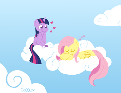 Size: 1000x764 | Tagged: safe, artist:coggler, character:fluttershy, character:twilight sparkle, character:twilight sparkle (alicorn), species:alicorn, species:pony, ship:twishy, cloud, cloudy, female, heart, lesbian, mare, shipping, sleeping