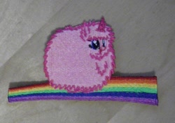 Size: 1024x717 | Tagged: safe, artist:ethepony, oc, oc only, oc:fluffle puff, badge, patch, photo, pink fluffy unicorns dancing on rainbows, solo