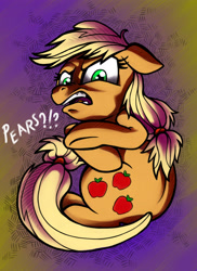 Size: 2802x3854 | Tagged: safe, artist:verulence, character:applejack, angry, disgusted, female, floppy ears, hatless, hilarious in hindsight, missing accessory, pear, sitting, solo, that pony sure does hate pears, upset