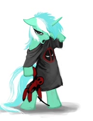Size: 612x792 | Tagged: safe, artist:hattonslayden, character:lyra heartstrings, crossover, deadpool, female, morning ponies, sleepy, solo