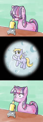 Size: 500x1400 | Tagged: safe, artist:muffinshire, character:derpy hooves, character:twilight sparkle, species:pegasus, species:pony, comic, female, mare, micro, microscope, microscopic, surprised, tiny, wat, waving, wide eyes