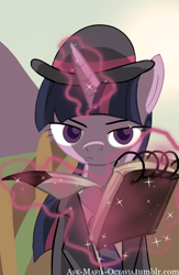 Size: 650x1000 | Tagged: safe, artist:zedrin, character:twilight sparkle, character:twilight sparkle (unicorn), species:pony, species:unicorn, clothing, costume, detective, feather, female, hat, levitation, looking at you, magic, necktie, notepad, solo, suit, telekinesis, twilight is not amused, unamused, writing