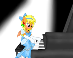 Size: 3500x2800 | Tagged: safe, artist:avchonline, oc, oc only, oc:sean, bow, cinderella, clothing, crossdressing, dress, earring, gloves, headband, high res, makeup, petticoat, piano, solo