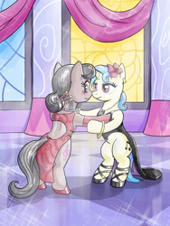 Size: 1200x1600 | Tagged: safe, artist:muffinshire, character:dj pon-3, character:octavia melody, character:vinyl scratch, species:pony, ship:scratchtavia, bipedal, blushing, canterlot ballroom, clothing, dancing, dress, female, gala dress, gloves, jewelry, lesbian, shipping, shoes
