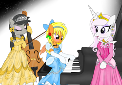 Size: 4000x2800 | Tagged: safe, artist:avchonline, character:fleur-de-lis, character:octavia melody, oc, oc:sean, absurd resolution, beauty and the beast, belle, bow, bow (instrument), cello, cinderella, clothing, crossdressing, crossover, dress, earring, evening gloves, gloves, hair bow, headband, makeup, male, musical instrument, petticoat, piano, princess aurora, sleeping beauty, trap