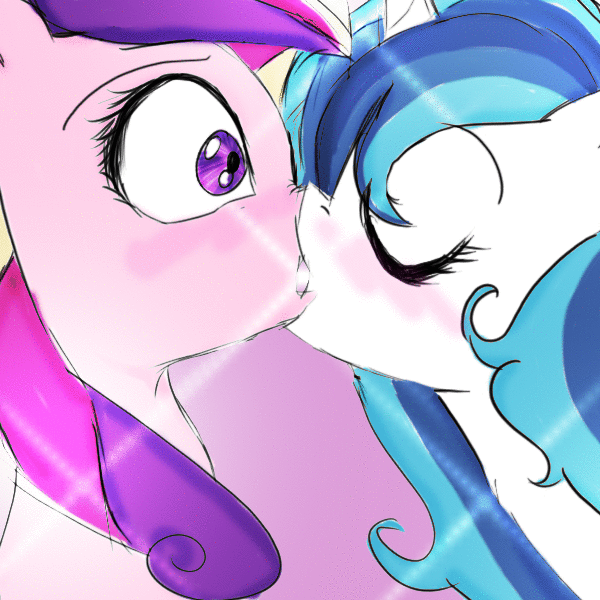 Size: 600x600 | Tagged: safe, artist:sugarberry, character:princess cadance, character:shining armor, species:pony, species:unicorn, animated, ask-cadance, blushing, eyes closed, female, gleaming cadance, gleaming shield, half r63 shipping, kissing, lesbian, not sure if want, rule 63, shipping, tumblr