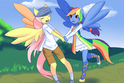 Size: 1800x1200 | Tagged: safe, artist:drantyno, character:fluttershy, character:rainbow dash, species:human, alternate hairstyle, blushing, breasts, clothing, delicious flat chest, dress, flattershy, humanized, pony coloring, shorts, skinny, tailed humanization, winged humanization