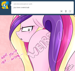 Size: 1280x1221 | Tagged: safe, artist:sugarberry, character:princess cadance, species:alicorn, species:pony, ask, ask-cadance, butt, covering, eyelashes, female, frown, horn, lovebutt, multicolor hair, pink background, plot, signature, simple background, solo, tail covering, tumblr