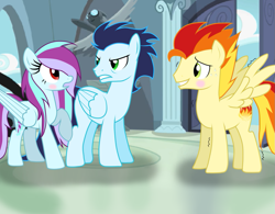 Size: 1023x796 | Tagged: safe, artist:rulette, character:soarin', oc, oc:crisp breeze, oc:fire glare, parent:braeburn, parent:rainbow dash, parent:soarin', parent:spitfire, parents:soarindash, parents:spitburn, blushing, female, male, oc x oc, offspring, offspring shipping, shipping, straight