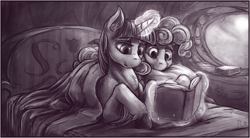 Size: 1566x862 | Tagged: safe, artist:bantha, character:pinkie pie, character:twilight sparkle, ship:twinkie, bed, book, cuddling, female, fluffy, golden oaks library, grayscale, lesbian, magic, monochrome, prone, reading, shipping, smiling, snuggling, telekinesis, unshorn fetlocks