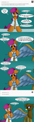 Size: 3600x12600 | Tagged: safe, artist:grennadder, character:scootaloo, oc, species:griffon, species:pegasus, species:pony, amputee, ask, augmented, clothing, lab coat, prosthetic limb, prosthetic wing, prosthetics, scientist, scientist scoots, tumblr