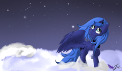 Size: 1200x700 | Tagged: safe, artist:fluttair, character:princess luna, cloud, cloudy, ear fluff, female, looking up, night, s1 luna, shooting star, solo, spread wings, stars, wings