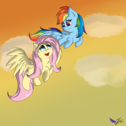 Size: 1181x1181 | Tagged: safe, artist:fluttair, character:fluttershy, character:rainbow dash, ship:flutterdash, chest fluff, ear fluff, female, flying, lesbian, looking at each other, shipping, smiling