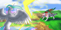 Size: 1024x509 | Tagged: safe, artist:kourabiedes, character:princess celestia, species:alicorn, species:pony, species:wolf, amaterasu, crossover, female, flying, glare, gritted teeth, lightning, mare, missing accessory, missing cutie mark, okami, rearing, spread wings, sunmutt, wings