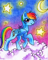 Size: 536x666 | Tagged: dead source, safe, artist:jacky-bunny, character:rainbow dash, species:pegasus, species:pony, cloud, crescent moon, female, folded wings, mare, moon, smiling, smirk, solo, stars, wings