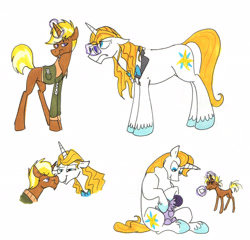 Size: 2220x2128 | Tagged: safe, artist:frankilew, character:prince blueblood, character:trenderhoof, oc, parent:prince blueblood, parent:trenderhoof, adopted offspring, father, father and daughter, filly, gay, magic, male, parents:trenderblood, scrunchy face, shipping, trenderblood