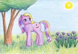 Size: 900x627 | Tagged: safe, artist:normaleeinsane, character:cupcake, character:sugarcup, flower, solo, traditional art, tree