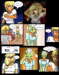 Size: 1275x1626 | Tagged: safe, artist:zoarenso, character:applejack, character:granny smith, character:ms. harshwhinny, species:anthro, comic:harsh apples, comic, explicit series, harsh apples
