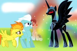 Size: 4500x3000 | Tagged: safe, artist:rulette, character:fleetfoot, character:nightmare rainbow dash, character:rainbow dash, character:soarin', character:spitfire, species:alicorn, species:pegasus, species:pony, ship:soarindash, episode:rainbow falls, g4, my little pony: friendship is magic, alicornified, bad end, blank flank, corrupted, ethereal mane, female, heart eyes, male, mare, nightmare, nightmarified, race swap, rainbowcorn, shipping, straight