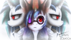Size: 1920x1080 | Tagged: safe, artist:mesmoir, artist:swaetshrit, character:dj pon-3, character:vinyl scratch, species:pony, species:unicorn, broken glasses, female, horn, mare, red eyes, solo, sunglasses, text, vector, wallpaper
