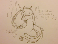 Size: 1000x750 | Tagged: safe, artist:midnightsix3, character:princess luna, curved horn, eyes closed, female, monochrome, solo, traditional art
