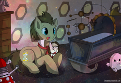 Size: 1500x1024 | Tagged: safe, artist:hikariviny, character:doctor whooves, character:time turner, oc, oc:sweet lullaby, parent:doctor whooves, parent:roseluck, parents:doctorrose, adipose, crib, crib mobile, dalek, doctor who, offspring, weeping angel