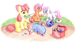 Size: 1200x700 | Tagged: safe, artist:muffinshire, character:apple bloom, character:scootaloo, character:sweetie belle, species:earth pony, species:pegasus, species:pony, species:unicorn, adorabloom, cute, cutealoo, cutie mark crusaders, diasweetes, first aid, hammer, injured, mouth hold, repairing, scootalove, scooter, screwdriver, teary eyes, toolbox, tools, traditional art
