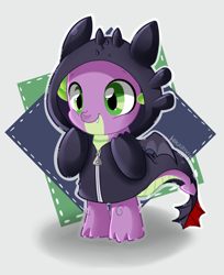 Size: 620x758 | Tagged: safe, artist:hikariviny, character:spike, species:dragon, baby, baby dragon, clothing, costume, cute, fangs, green eyes, hoodie, how to train your dragon, jacket, male, night fury, signature, solo, spikabetes, toothless the dragon, weapons-grade cute, zipper