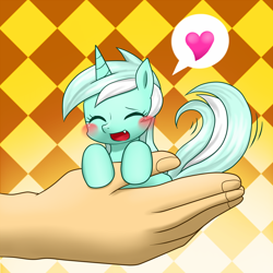 Size: 1000x1000 | Tagged: safe, artist:hashioaryut, character:lyra heartstrings, species:human, species:pony, species:unicorn, blushing, cute, cute little fangs, eyes closed, fangs, female, hand, hand fetish, happy, heart, humie, in goliath's palm, lyrabetes, pixiv, solo, tail wag, that pony sure does love hands, tiny ponies