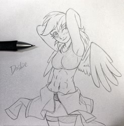 Size: 1941x1975 | Tagged: safe, artist:redapropos, character:rainbow dash, species:human, abs, armpits, belly button, blushing, female, humanized, monochrome, pencil drawing, sketch, solo, traditional art, winged humanization, wink, wip